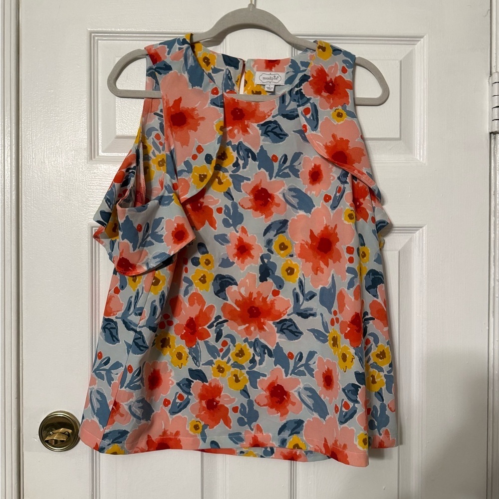 Mud Pie Floral Cold-Shoulder Top in Coral, Yellow & Blue